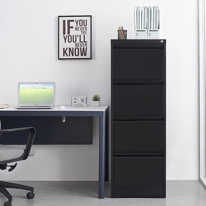 4 Drawer File Cabinet with Lock, Vertical File Cabinets for Home Office, Metal Filing Cabinets, Heavy Duty Steel Lockable Filing Storage Cabinet for Letter/Legal/A4/F4 Size Files, Black