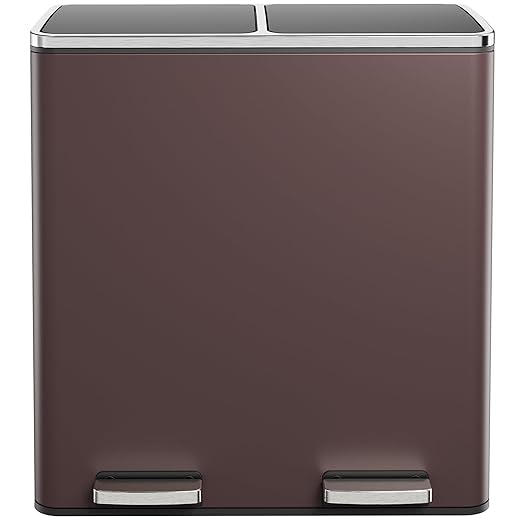 AthLike 60L(16 Gal) Dual Trash Can, Stainless Steel Kitchen Garbage Can, Double Compartment Classified Rubbish Bin, Recycle Dustbin w/Plastic Inner Buckets, Handle, Soft-Close Lid, Airtight, Brown-DeskLoop Office