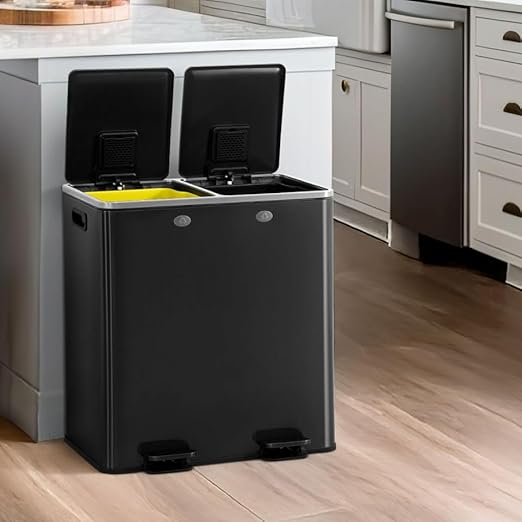 CAPHAUS Black Dual Trash Can w/Double Lid, Trash & Recycle Bins Combo, Hands-Free Stainless-Steel Garbage Can for Kitchen, with 2 Compartment, Hinged Lid, Odor Filters, Handles, 30L+30L, 2 x 8 Gal-DeskLoop Office