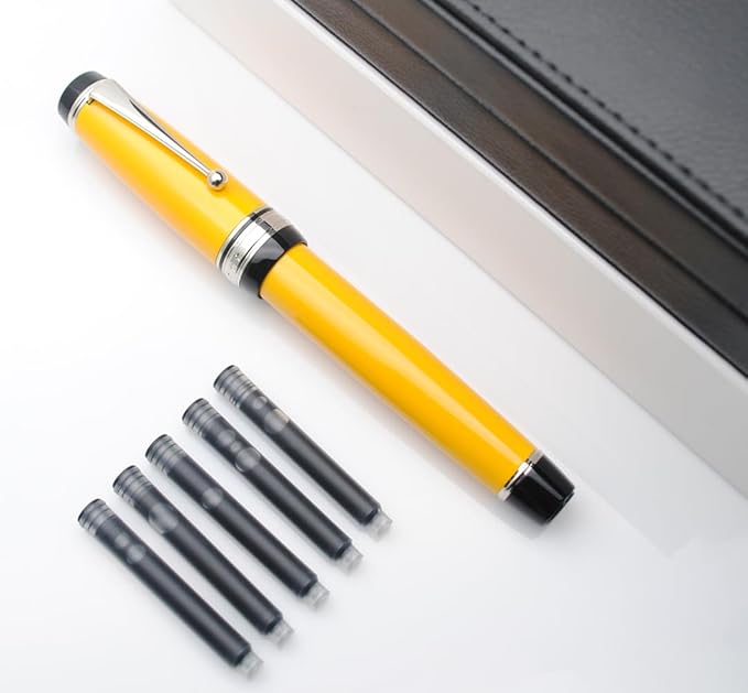 Metal Big Fountain Pen Set Medium Nib 0.7mm, Includes Ink Refill Converter, 5 Ink Cartridges & Gift Box (Medium Nib 0.7mm, Yellow with Silvery Clip)-DeskLoop Office