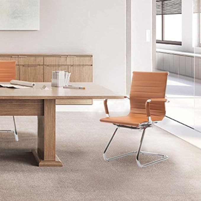 Office Desk Chair Set of 8,No Wheels PU Leather Computer Chairs Mid Back Guest Chairs with Seld Base for School/Reception/Conference/Waiting Room,Terracotta-DeskLoop Office