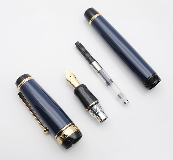 Metal Big Fountain Pen Set Medium Nib 0.7mm, Includes Ink Refill Converter, 5 Ink Cartridges & Gift Box (Medium Nib 0.7mm, Dark Blue)-DeskLoop Office