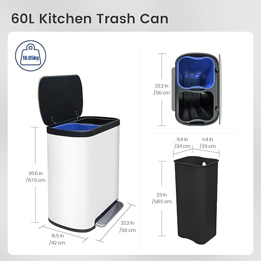 16 Gallon Dual Trash Can, Kitchen Recycling Bins with 2 x 8 Gallon Compartments, 2 Plastic Removable Liners, Soft-Close Lid, Stainless Steel Step Trash Can, White-DeskLoop Office