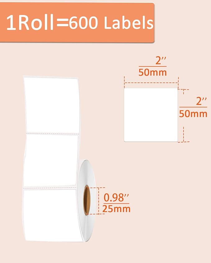 2 Inch White Square Thermal Sticker Labels, Self-Adhesive Direct Thermal Labels,DIY Design, QR Code, Name Tag, Brand Label,Gift Label (White 600 PCS/1 Roll)-DeskLoop Office