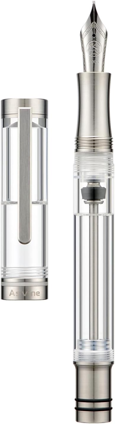 Asvine V200 Titanium Fountain Pen Vacuum Filling, Bock Medium Nib Clear Transparent Acrylic Smooth Writing Pen Case Set-DeskLoop Office