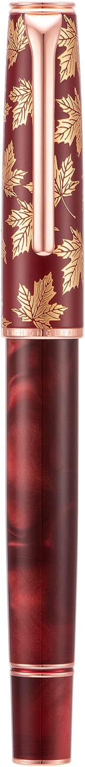 Hongdian N8 Red Acrylic Fountain Pen, Long Blade Fine Nib Rose Gold Trim Maple Leaves Carving Cap, Smooth Writing Pen with Converter and Metal Pen Box Set-DeskLoop Office