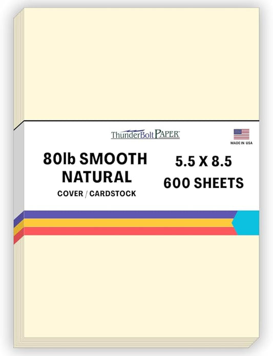 600 Natural Smooth Card Stock Sheets Paper - 5.5 X 8.5 Inches Half Letter | Statement Size - 80# (80 lb/pound) Cover Weight - Quality Paper - Smooth Finish-DeskLoop Office