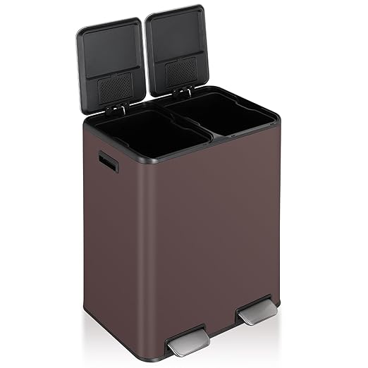 16 Gal (2 x 30 L) Dual Trash Can, Stainless Steel Kitchen Garbage Bin, Recycle Dustbin with Odor Control Box, Soft-Close Lid, Inner Buckets, Side Handle, Step Pedal, for Home Office-DeskLoop Office