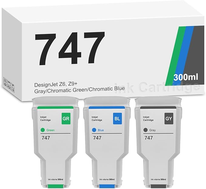 747 Ink Cartridge 300-ml (3-Pack, Chromatic Green/Chromatic Blue/Gray) for DesignJet Z6 & DesignJet Z9+ Printers Compatible Ink Replacement for HP 747 Ink Cartridge P2V84A P2V85A P2V86A-DeskLoop Office