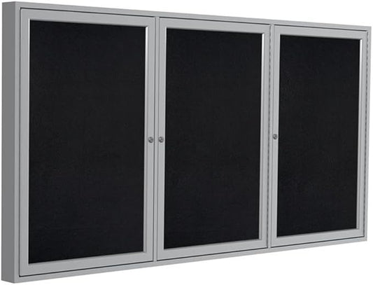 Ghent 48" x 96" 3-Door indoor Enclosed Recycled Rubber Bulletin Board, Shatter Resistant, with Lock, Satin Aluminum Frame,Black (PA34896TR-BK)-Made in USA-DeskLoop Office