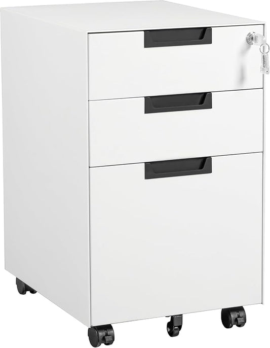 Letaya 3 Drawer Mobile File Cabinet with Lock,Under Desk Metal Small Filing Cabinets for Home Office Organizer Letters/Legal/A4(Fully Assembled Except Wheels-White)-DeskLoop Office
