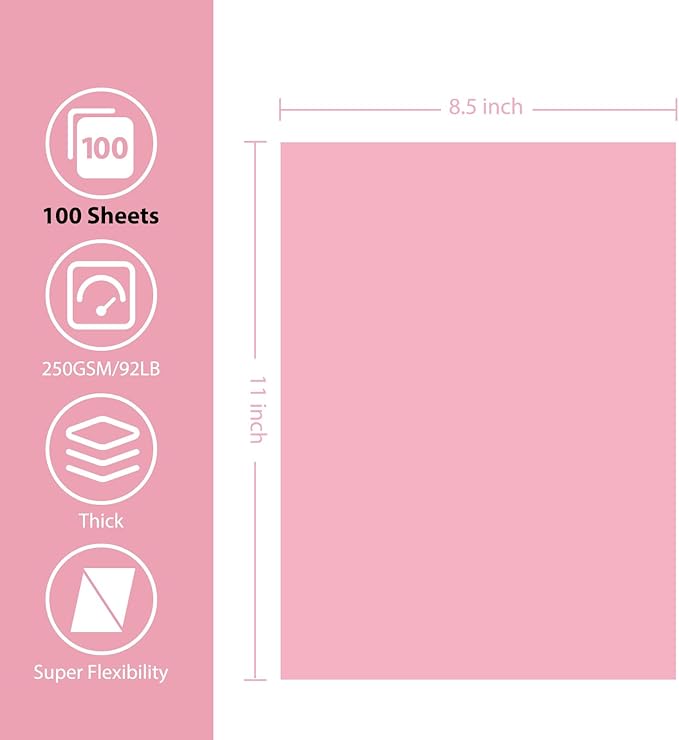 OcePor 100 Sheets Pinks Valentine's Day Cardstock Paper, Colored Printer Paper 8.5 x 11, Card Stock Thick Construction for Craft,Scrapbook,Office Printing, Invitations, Certificates,92 lb/250gsm-DeskLoop Office