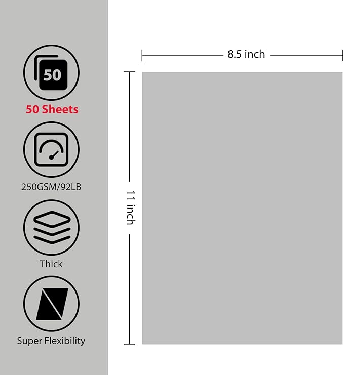 OcePor 50 Sheets Grey Cardstock Paper, Colored Printer Paper 8.5 x 11, Card Stock Thick Construction for Craft,Scrapbook,Office Printing, Invitations, Certificates,92 lb/250gsm