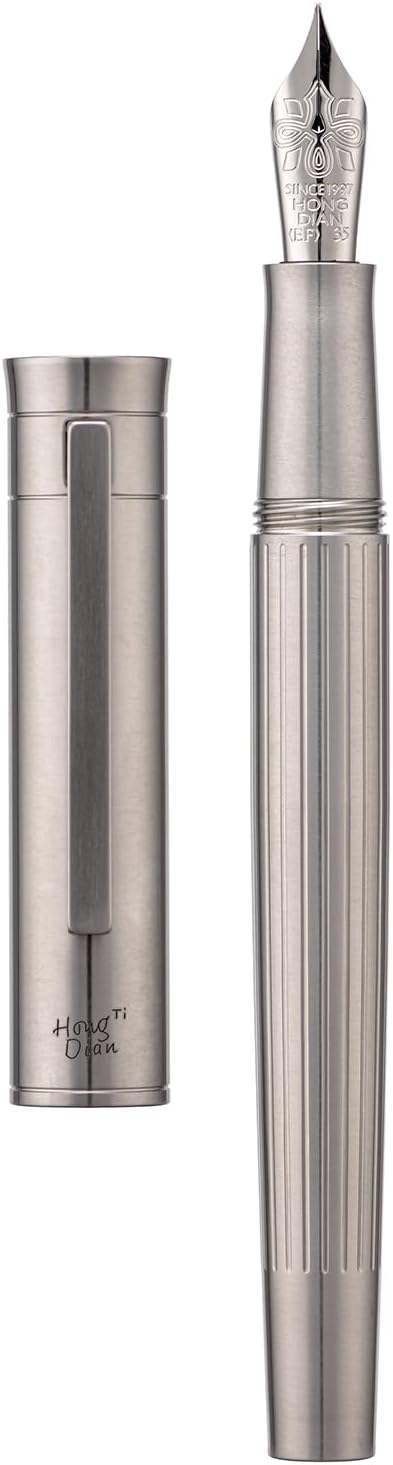 Hongdian T1 Titanium Fountain Pen, Iridium Extra Fine Soft Nib Chinese Knot Carving with Converter and Metal Box Set-DeskLoop Office