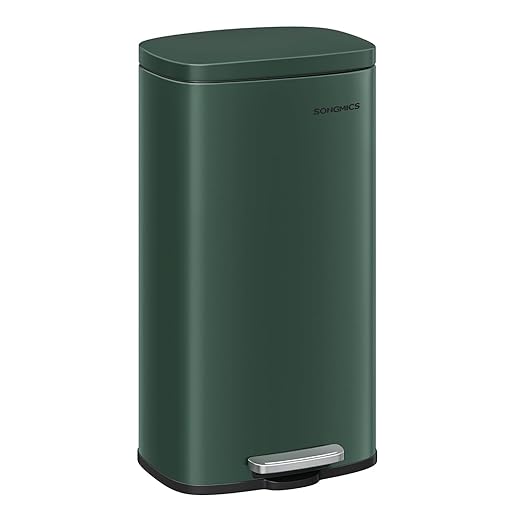 SONGMICS Trash Can with Lid, 8 Gallon Garbage Can, Stainless Steel Small Waste Bin with Step Pedal and Inner Bucket, Soft Close, Kitchen, Retro Green ULTB003C01-DeskLoop Office
