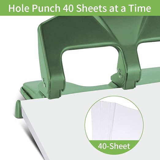 Heavy Duty 3 Hole Punch, 40-Sheet Heavy Duty Paper Punch, 50% Reduced Effort 3-Hole Punch, AFMAT Metal Hole Puncher 3 Ring, Three-Hole Paper Puncher w/Large Chip Tray for Classroom, Office, Green-DeskLoop Office