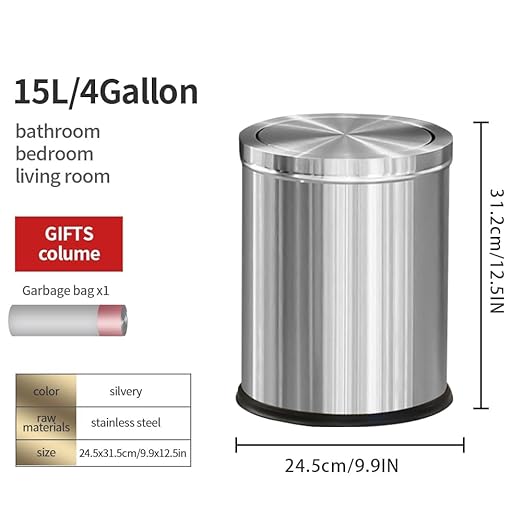 15L/4GAL Silver Stainless Steel Bathroom Garbage can, Bathroom Trash Can with Flipping Lid,Brushed Nickel Gaebage Can for Bedroom,Living Room,Office,Hotel,Shop,Restaurant (15L-Silver)-DeskLoop Office