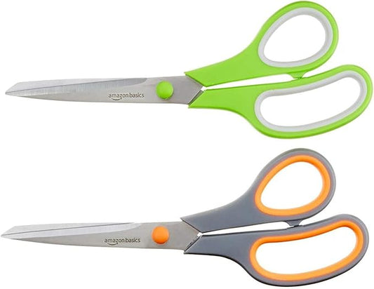 Amazon Basics Stainless Steel Scissors for Office, Crafts, Multipurpose, Sharp, Comfort Grip, PVD Coated, 2 Pack, Green and Grey-DeskLoop Office