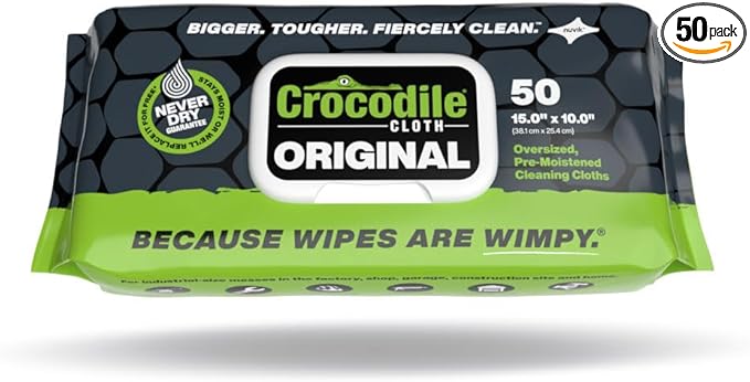 Crocodile Cloth Original Cleaning Wipes – 50 (15” x 10”) Hand & Tool Industrial Cleaning Wipes – Large Multi-Surface Cleaning Cloths, Water-Based Solution with Extreme Cleaning Power — Safe on Skin-DeskLoop Office