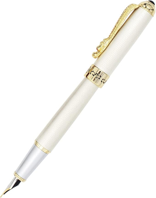 Gullor Fountain Pen with Ink Converter, Golden Dragon Clip, Executive Pen for Smooth Writing, Fine Nib, White-DeskLoop Office