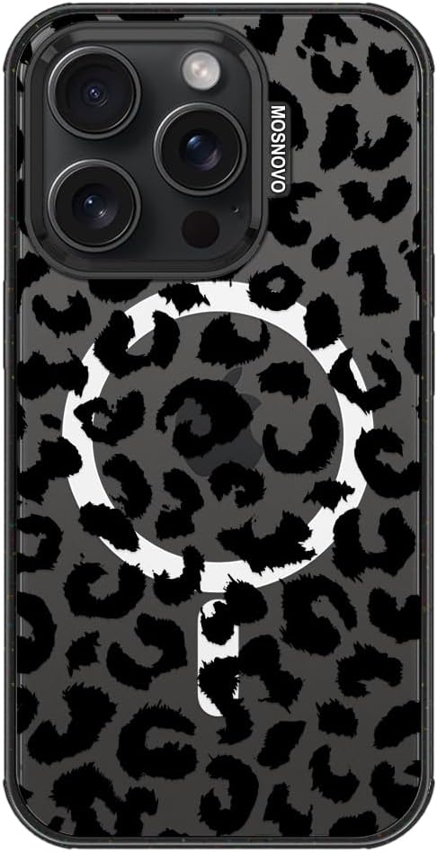 MOSNOVO Magnetic Case for iPhone 15 Pro, 10ft Military-Grade Protection, Compatible with Magsafe, Shockproof Phone Case for iPhone 15 Pro - Black Leopard Print - Clear Black-DeskLoop Office