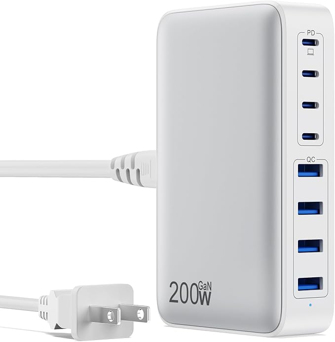 USB C Charger 200W USB C Charger Block,Upgraded GaN III 8-Port Fast Charging Station Hub,PD 65W Laptop Charging Adapter Compatible with MacBook Pro/Air,DELL,Steam Deck,iPhone 16/15/14,Galaxy S23/22-DeskLoop Office