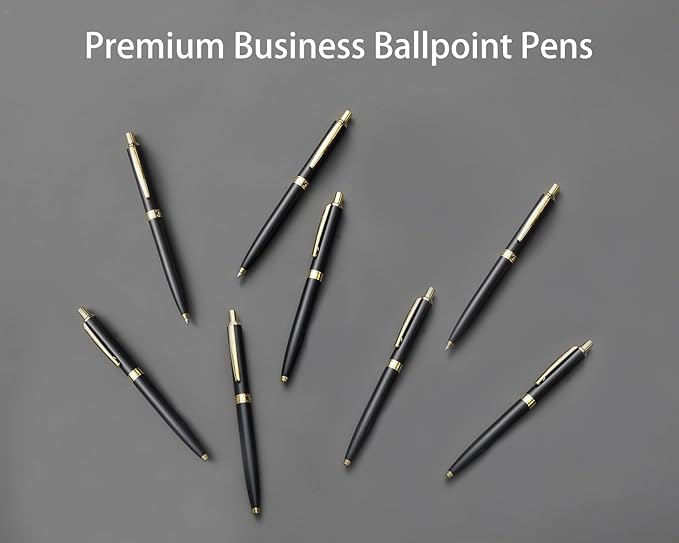 LINFANC 8 Pack Ballpoint Pens, Premium Retractable Metal Ballpoint Pen, Medium Point 1.0mm Black Ink Pen for Home School Work Office Supplies, Matte Black with Gold Trim, Extra 8 Refills-DeskLoop Office