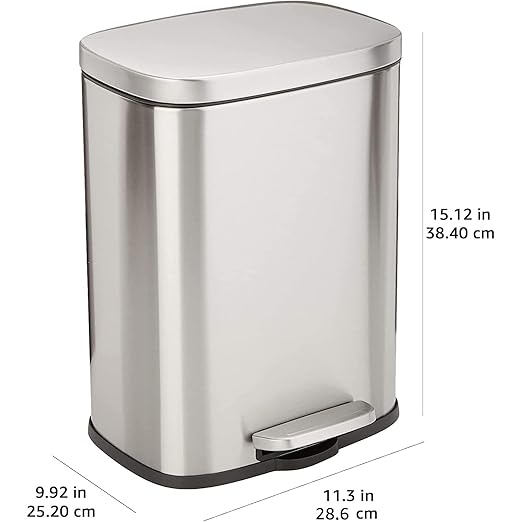 Amazon Basics Smudge Resistant Small Rectangular Trash Can With Soft-Close Foot Pedal, Brushed Stainless Steel, 12 Liter/3.1 Gallon, Satin Nickel Finish, 11.3"L x 9.9"W x 15.1"H-DeskLoop Office