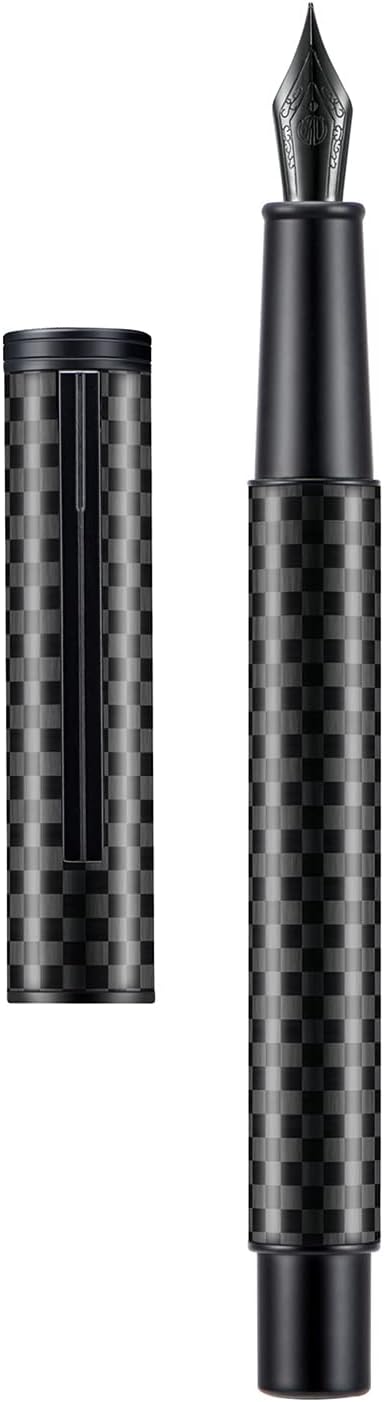 Hongdian 1861 Black Forest Carbon Fiber Fountain Pen, Long Blade Nib Modern Design Smooth Writing Pen with Converter and Metal Pen Case Set-DeskLoop Office