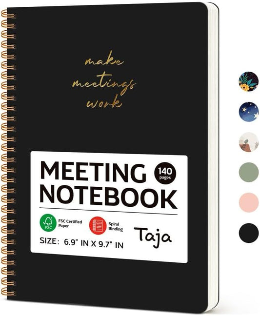 Taja Meeting Notebook for Work Organization - Work notebook with action items, Meeting Minutes Planner Notebook, Perfect Office Supplies for Men & Women - Black-DeskLoop Office