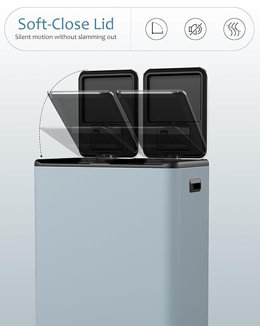 16 Gal (2 x 30 L) Dual Trash Can, Stainless Steel Kitchen Garbage Bin, Recycle Dustbin with Odor Control Box, Soft-Close Lid, Inner Buckets, Side Handle, Step Pedal, for Home Office-DeskLoop Office