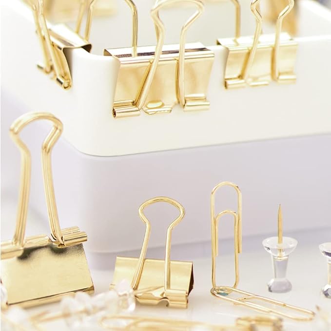 Paper Clips and Binder Clips Set, Metal Assorted Sized Binders with Push Pins, Cute Office Supplies for Desk, Desk Accessories (Gold Set of 3)-DeskLoop Office