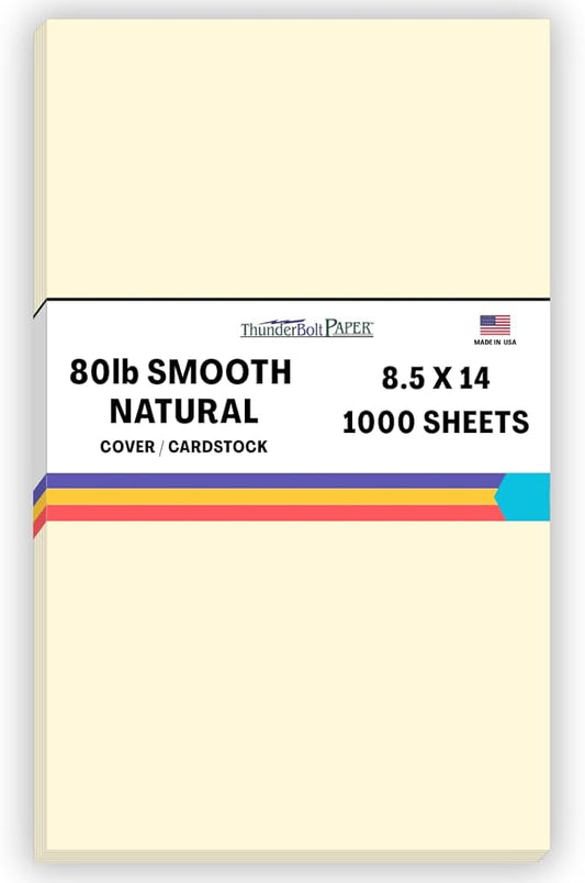 1000 Natural Smooth Card Stock Sheets Paper - 8.5 X 14 Inches Legal|Menu Size - 80# (80 lb/pound) Cover Weight - Quality Paper - Smooth Finish-DeskLoop Office
