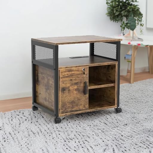 Unikito Lateral File Cabinet, Locking Office Filing Cabinets with Socket and USB Charging Port, Modern Rolling Printer Stand with Storage for A4, Letter Size and File Folders, Rustic Brown-DeskLoop Office