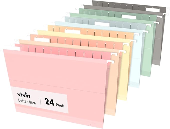 ViVin Hanging File Folders, 1/5-Cut Adjustable Tabs with 24 Per Box, 1 Inch Expansion, 24 Pack Letter Size Hanging File Folders, Designed for Office Home School Filing Cabinet(Assorted)-DeskLoop Office