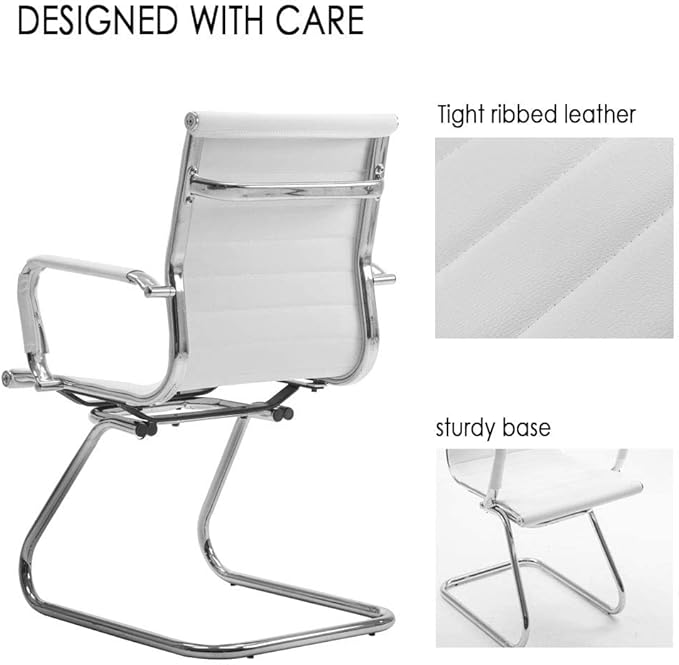 White Office Desk Chair No Wheels Set of 6 PU Leather Computer Chairs Mid Back Guest Chairs for School Reception Conference Waiting Room, White-DeskLoop Office