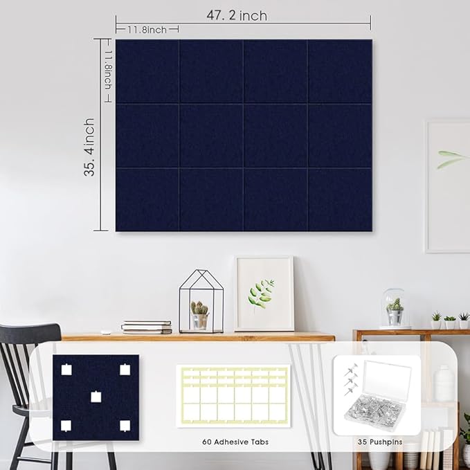 Large Cork Board for Office Wall Decor,48"x36"-12 Pack Felt Wall Tiles with 35 Push Pins, Thicker 0.47in, Felt Bulletin Board Pin Board Cork Boards for Walls - Dark Blue