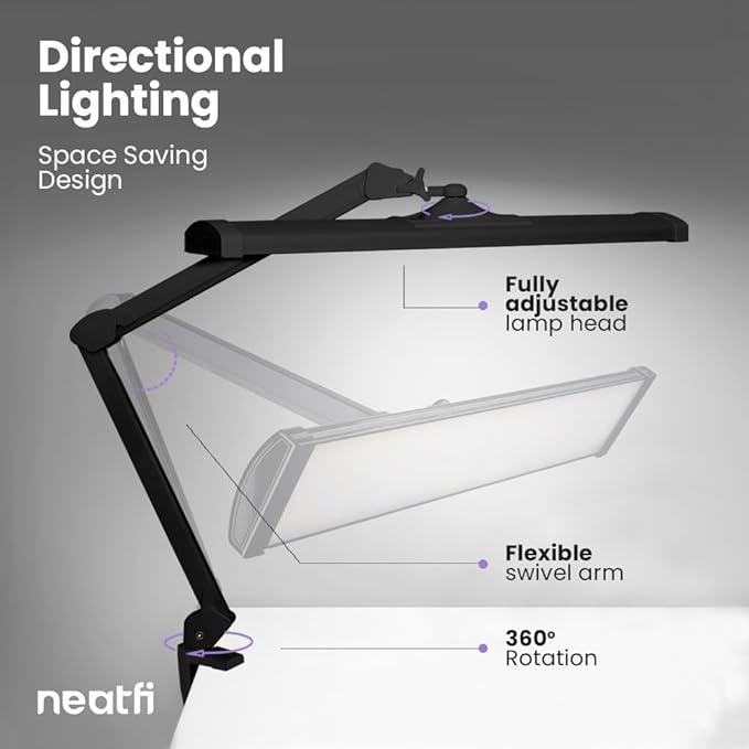 Neatfi Ultra 3,500 Lumen LED Desk Lamp, 45W, 26-Inch Wide Metal Shade, 270 SMD LEDs (Non-CCT with Clamp, Black)-DeskLoop Office