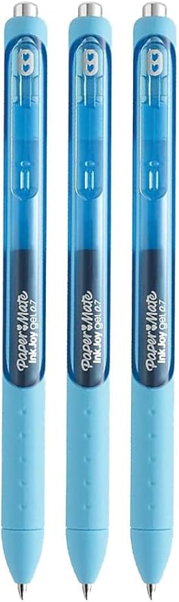 Paper Mate InkJoy Gel Pens, Bright Blue Ink, Medium Point (0.7mm), 3 Count, Bundle with Plastic Reusable Pouch-DeskLoop Office