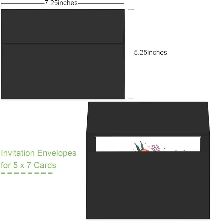 50 Packs 5x7 A7 Envelopes for Invitations, Photos, Greeting Cards - Self Seal for Weddings, Mailing (Black)-DeskLoop Office