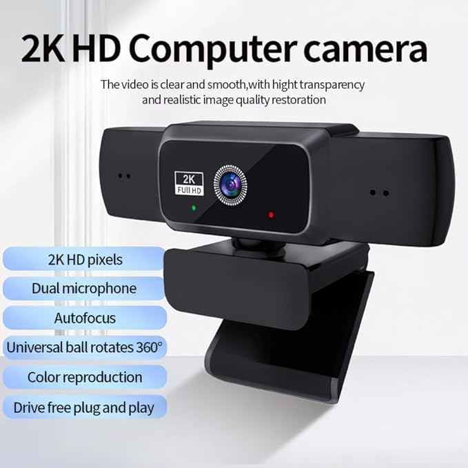 Hprosper 2K/5M Webcam with PC/Laptop/Mac, Computer Camera with Low-Light Correction/Beauty, AI Noise-Canceling Microphone, Adjustable Field of View, Built-in Privacy Shutter, Ideal for Meetings-DeskLoop Office