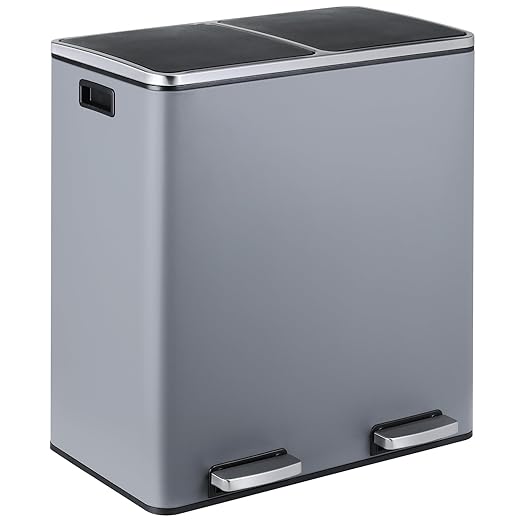 16 Gallon Rectangular Stainless Steel Trash Can, Dual Compartment Garbage Bin with Recycling Combo, Metal Dustbin Lid, Removable Liner, Indoor Hands Free Waste Bucket for Kitchen Home-DeskLoop Office