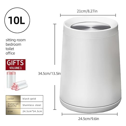 10 L/2.6Gallen,Swing Lid Trash Can,Metal Garbage Can with Flipping Lid,for Bathroom,Living Room,Bedroom,Hotel,Office, Laundry Room(White)-DeskLoop Office