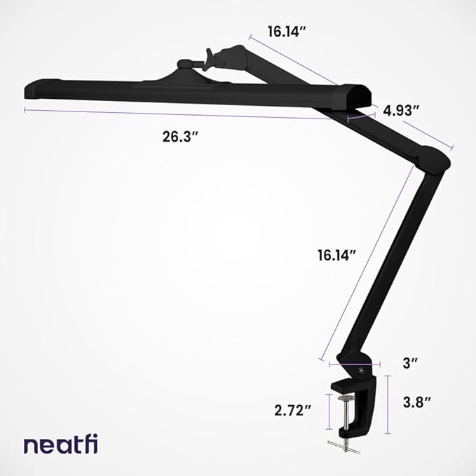 Neatfi Ultra 3,500 Lumen LED Desk Lamp, 45W, 26-Inch Wide Metal Shade, 270 SMD LEDs (Non-CCT with Clamp, Black)-DeskLoop Office