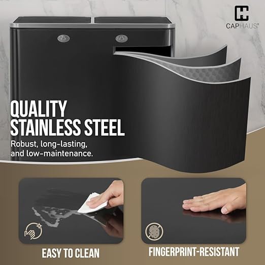 CAPHAUS Black Dual Trash Can w/Double Lid, Trash & Recycle Bins Combo, Hands-Free Stainless-Steel Garbage Can for Kitchen, with 2 Compartment, Hinged Lid, Odor Filters, Handles, 25L+25L, 2 x 6.6 Gal-DeskLoop Office