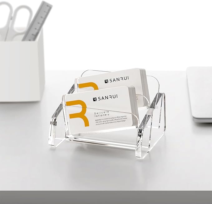 SANRUI Acrylic Business Card Holder for Desk, 2 Tier Clear Tilt Business Name Card Display Holders Stand Storage Organizer Fits 120 Business Cards (Horizontal, 2-Slot)-DeskLoop Office