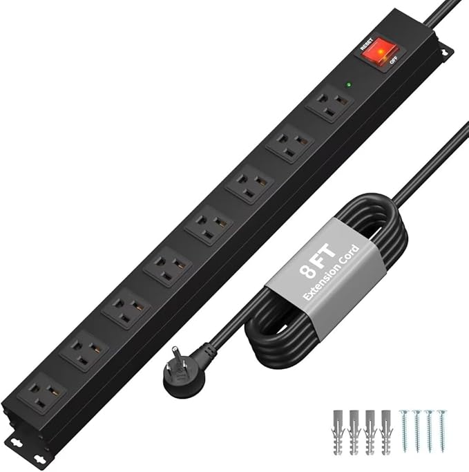 KF 8 Outlet Heavy Duty Power Strip Surge Protector, 2100J Surge Protection Black Power Strip, 15A/1875W Mountable Power Strips, 14AWG 6FT Extension Cord, Black(8FT-2100J)-DeskLoop Office