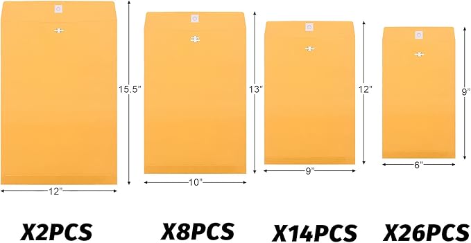 Frienda 4 Sizes Clasp Envelopes Kraft Paper Catalog Clasp Envelope with Closure for Filing, Storing or Mailing Documents, 50 Pieces(6 x 9 In, 9 x 12 In, 10 x 13 In, 12 x 15.5 In,Yellow)