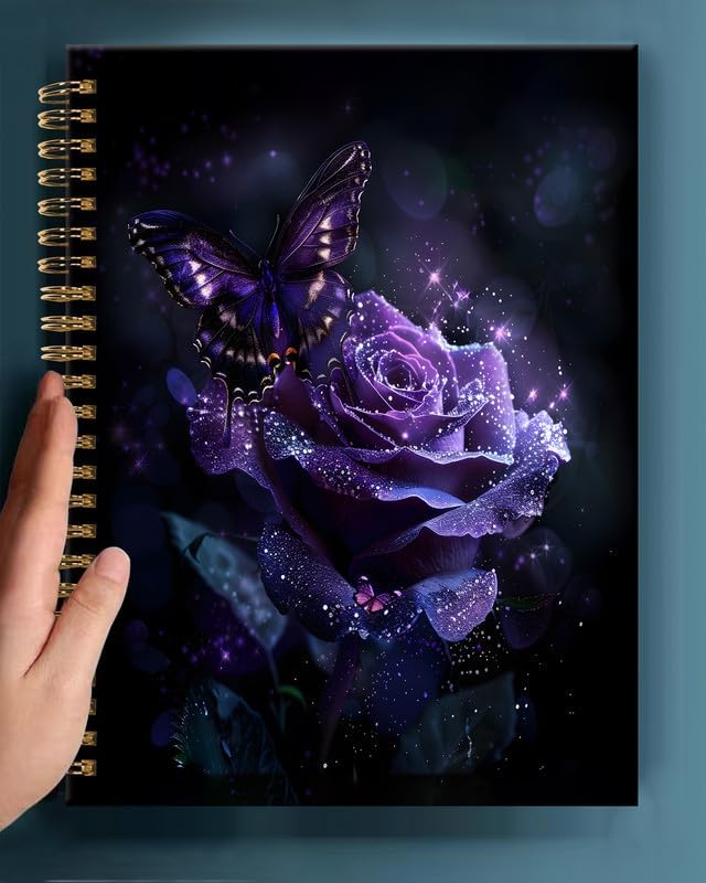Spiral Journal Notebook,A5 Hardcover Lined Journals for Women 6 x 8.3 in,120 Pages Thick Paper,Cute College Ruled Writing Notebook for Gifts Office Work School(Sparkle Purple Butterfly Floral)-DeskLoop Office