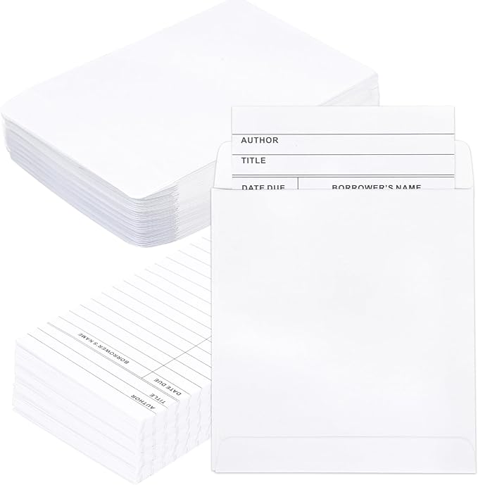 100 Piece Library Pockets & Cards - Check Out Cards & Book Envelopes for School, Office & Public Library